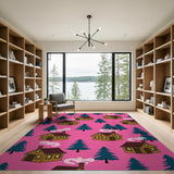 Pink Cartoon Log Cabins Pine Trees Area Rug