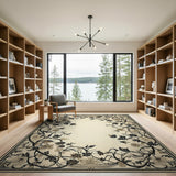 Elegant Floral Border Area Rug in Beige Black