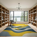 Yellow Sun Over Wavy Blue Mountains Abstract Rug