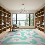 Whimsical Teal Waves Pink Bows Area Rug