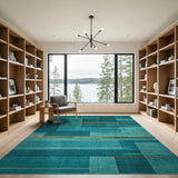 Teal Geometric Block Area Rug with Orange Accents