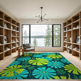 Teal Daisies Yellow Leaves Navy Floral Area Rug