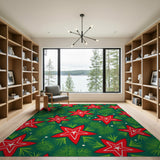 Festive Red Poinsettia and Pine Green Area Rug