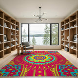 Vibrant Pink Mandala Area Rug with Teal Accents