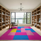Vibrant Pink Blue Yellow Geometric Area Rug