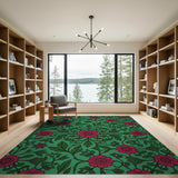 Vintage Red Rose Floral Teal Green Rug