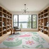 Whimsical Pink Mice Floral Leaves Area Rug