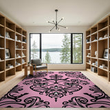 Elegant Black Damask Floral on Pink Area Rug