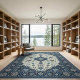 Navy Blue Persian Floral Medallion Area Rug
