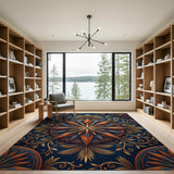 Navy Mandala Area Rug with Orange Gold Vines