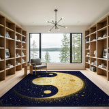 Boho Celestial Sun and Moon Washable Area Rug - Navy Blue & Gold Yin Yang