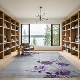 Purple Peony Floral Grey Area Rug