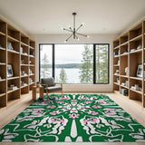 Vibrant Green Pink Floral Mandala Area Rug