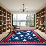Navy Blue Christmas Trees Snowflakes Area Rug Red Border