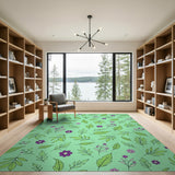 Mint Green Leaves Purple Flower Pattern Rug