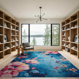 Teal Blue Peony Floral Area Rug with Gold Accents