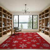 ODIKA Red Snowflake Christmas Washable Area Rug - Low Pile Non-Slip Holiday Decor