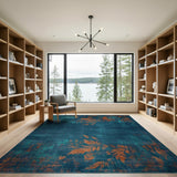 Teal Distressed Rug with Orange Leaf Motifs