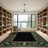 Ornate Green Gold Floral Border Area Rug