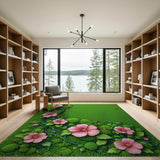 Lush Pink Hibiscus on Mossy Green Area Rug