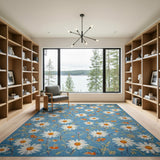Teal Blue Daisy Meadow Area Rug
