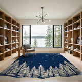 ODIKA Washable Navy Blue Winter Forest Pine Tree Area Rug - Low Pile Non-Slip Rug