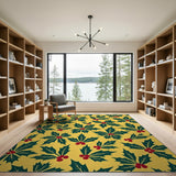 Festive Holly Leaves Berries Yellow Area Rug