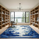 Serene Blue Chinese Pavilion Landscape Rug