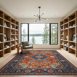 Vibrant Orange Persian Area Rug with Navy Borders