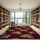 Gold Fan Motif Area Rug on Deep Maroon