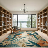Teal Kingfisher Pair with Tropical Leaves Blooms Rug