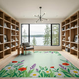 Floral Border Area Rug with Daisies Poppies Lavender