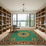 Teal Sun Medallion Area Rug with Gold Baroque Borders