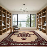 Ornate Beige Persian Medallion Rug with Maroon Border