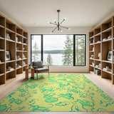 Whimsical Teal Leaf Swirls on Yellow Area Rug