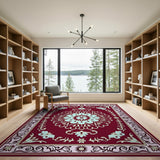 Deep Red Traditional Persian Rug with Teal Floral Medallion