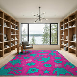 Whimsical Teal Sea Turtles on Vibrant Pink Area Rug