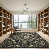 Ornate Black Ivory Floral Damask Area Rug
