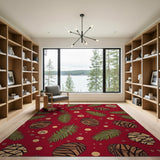 Red Pinecone and Fern Pattern Area Rug