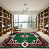 Green Traditional Persian Area Rug with Ornate Red Borders