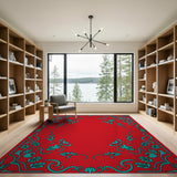 Crimson Red Area Rug with Teal Floral Border