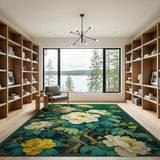 Floral Vintage Emerald Green White Peony Floral Area Rug