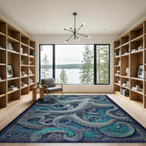 Blue and Teal Entwined Octopus Blue Teal Area Rug