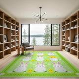 Cute Cartoon Bunnies Chicks Green Area Rug