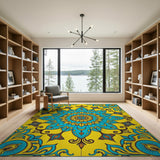 Multi-color and Patterns Teal Mandala Persian Area Rug on Yellow