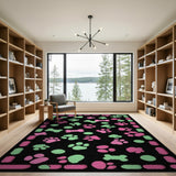 Playful Pink Green Paw Print Bone Area Rug