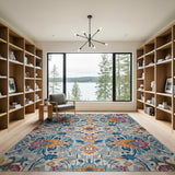Teal Blue Orange Floral Grey Area Rug