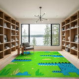 Green Playful Cartoon Crocodile Kids Area Rug