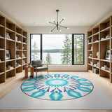 Teal Snowflake Geometric Round Rug