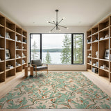 Swirling Teal Leaf Vine Floral Area Rug
